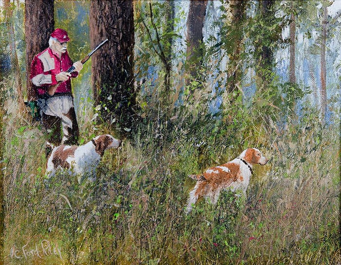 Painting of Lane Green with Brittany spaniels by C. Ford Riley