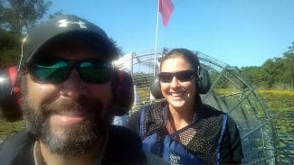 Kim Sash and Derek Fussell patrolling Lake Iamonia for Oxycaryum.