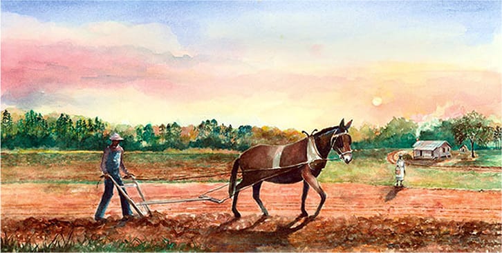 Watercolor, Plowing with Mules by Eluster Richardson