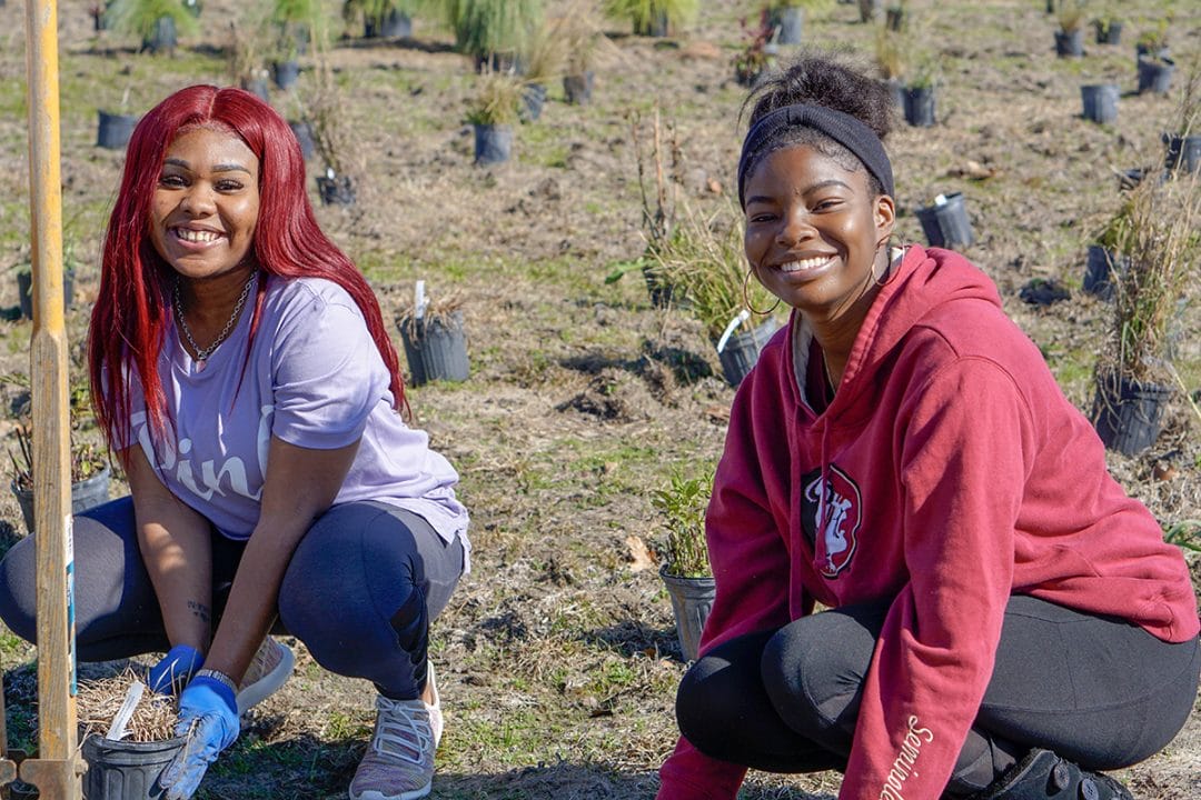 Students worked hard for several days to get the site planted, but enjoyed the time connecting outside.