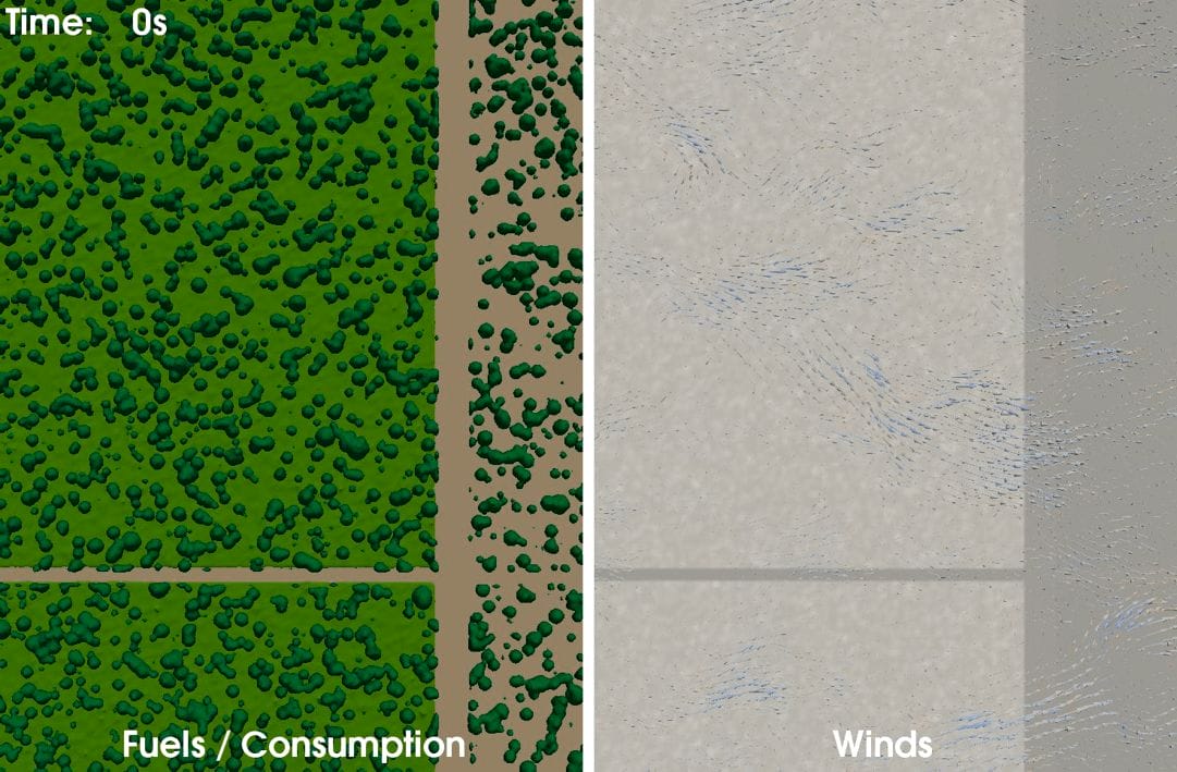 FIRETEC (Los Alamos National Lab) is a super computer model that capture detailed fire behavior and winds in and around complex ignitions (Image courtesy James Furman).